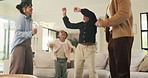Happy family, dance and fun with girls, parents and excited in living room with music in home. Love, bonding and children with mother, father and playful rhythm with energy and celebration together