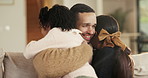Dad, children and smile in living room with hug, bonding together and support for family connection. Happy, man and girl kids in home with embrace, wellness and love for fathers day on weekend break.