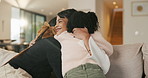 Mom, children and smile in living room with hug, bonding together and support for family connection. Happy, woman and girl kids in home with embrace, wellness or love for mothers day on weekend break
