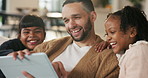 Father, children and happy with tablet on sofa for streaming, funny movie or laugh in living room. People, dad and child with tech for film subscription, relax or application at family house