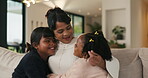 Happy, hug and mother with children on sofa in home for bonding, care and family together. Smile, relax and mom embracing girl kids for love, safety or connection in living room on weekend at house.