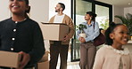 Parents, children and walking with boxes in new home for property purchase, investment and laugh. Flare, happy family and cardboard with plant in dream house for mortgage success, security and growth