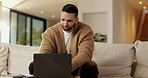 Reading, remote work and man with laptop in home, wireframes planning and website upgrade proposal. Review, freelance and web designer with pc for domain maintenance, smile and homepage optimization