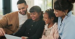 Talking, parents and children with tablet on sofa, watch cartoon or streaming subscription for movie. Film discussion, connection and happy people with girls for family fun, tech and bonding in home