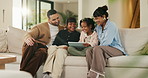 Relax, parents and children with tablet on sofa, comedy cartoon and streaming subscription for movie. Watch show, laugh and happy people with girls for weekend break, tech and bonding in family home