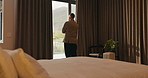 Hotel, window and businessman with arms crossed, decision and planning for investment or reflection. Entrepreneur, thinking and person with ambition for financial growth, back and business travel