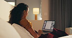 Laptop, relax and woman in bedroom for hotel, hospitality or tourism information on website. Browsing, search and person with computer screen for internet, connection or reading FAQ for accommodation