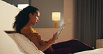 Tablet, relax and woman in bedroom for hotel, hospitality or tourism information on website. Browsing, search and person with digital app for scroll, connection or reading FAQ for accommodation