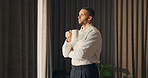 Hotel, window and businessman with coffee, decision and ideas for future and investment opportunity. Drinking, tea and person with ambition in motel, entrepreneur and planning for business growth