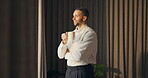 Coffee, thinking and window with business man in hotel room for morning, trip or view. Drink, smile and vision with happy corporate employee in lodge for accommodation, hospitality or travel