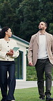 Tablet, client and agent with backyard tour for exterior features, functionality and assessment. Real estate, technology or woman with buyer for private viewing, house evaluation or garden inspection