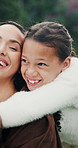 Smile, garden and mom with girl for bonding, relationship and relax outdoor for connection. Family, morning and mother with daughter in backyard for embrace, love and support on weekend together