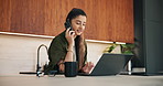 Phone call, coffee and businesswoman in home with remote work for finance report with budget plan. Cellphone, freelancer and female financial manager on mobile discussion for investment negotiation.