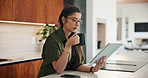 Remote work, coffee and woman with tablet in kitchen for story review, draft editing or online news. Hot beverage, freelance editor and tech in home for proofreading, article grammar and reading blog