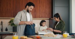 Parents, child and packing lunch in home for morning routine, support and education. Teaching, busy and family or people with toddler and bag for meal, snack or nutrition with mom and dad in kitchen
