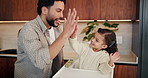 Family, father and girl with high five in kitchen for bonding, support and excited for achievement. Parent, child and celebration in house with motivation, happy and congratulations with development