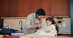 Phone call, dad and kid in home for getting ready, busy and morning routine with breakfast. Helping, multitasking and man or single parent with child for kindergarten, feeding and packing lunchbox