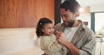 Dad, holding hands and dance with toddler in kitchen, bonding and smile for love with fun in home. Happy people, father and girl child with rhythm, connection and movement with care at family house