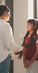 Mom, morning and student with child in home for preparation, education or back to school. Mother, kid or girl getting ready with smile or backpack for learning journey, academic start or development