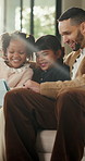 Happy, tablet and dad with children on sofa for online videos, educational games and internet. Family, home and father with girls on tech for entertainment, website and streaming cartoon on weekend
