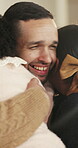 Smile, father and children with hug in home on weekend, bonding together and care for family time. Love, embrace and happy man with girls for affection, support or connection for healthy relationship