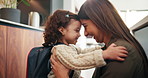 Education, mother and child with hug, backpack and love for learning support, back to school and getting ready. Happy family, woman and girl in kitchen for morning routine and study motivation