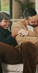 Father, laugh and tickle children in home with humor, bonding together and family fun on weekend break. Happy, dad and girl kids play in living room with funny game, connection and trust parent.