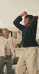 Happy, children and siblings in home with dancing, bonding together and family connection on weekend. Girl, kids smile and play in living room with rhythm, music and fun movement for entertainment.