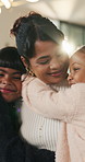 Happy, mom or kids in house with hug, healthy relationship or bonding together in child growth. Flare, children or family in home with embrace, childcare or parent connection in childhood development