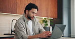 Remote work, man and laptop with review in kitchen for manuscript editing, compare source or notes. Document, freelance editor or tech in home for proofreading, article grammar or fact checking draft