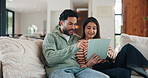 Tablet, relax and smile with couple on sofa for streaming service, bonding and movie subscription. Online film, love and multimedia search with man and woman in living room of home for connection
