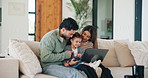 Happy family, laptop and sofa with toddler in home for early childhood development or interaction. Mom, dad and child with computer for elearning, bonding or online entertainment together in house