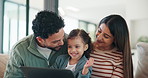 Happy family, laptop and interaction with child in home for early childhood development on sofa. Mom, dad and toddler with computer for bonding, subscription or online entertainment together in house