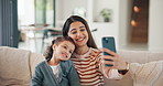 Happy mom, child and sofa with selfie in home for picture, memory or social media post together. Mother, toddler or daughter with smile on couch for capture moment, photography or bonding in house