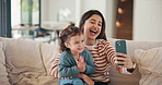 Happy mom, toddler or sofa with selfie in home for picture, memory or social media post together. Mother, child or silly face with tongue out or laugh for funny capture moment or photography in house