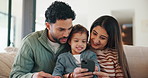 Happy family, toddler or sofa with phone in home for social media, game or interaction. Mom, dad or child with smile on mobile smartphone for online entertainment, subscription or cartoon in house