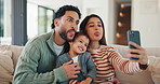 Happy family, toddler or sofa with selfie in home for picture, memory or social media post together. Mom, dad or child with smile, silly face or tongue out for capture moment or photography in house