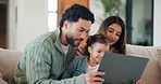 Happy family, laptop and sofa with child in home for early childhood development or interaction. Mom, dad and toddler with computer for bonding, subscription or online entertainment together in house