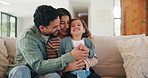 Laugh, tickle and parents with child on sofa for playful relationship, bonding and connection. Family, home and happy girl with mom, dad and games for love, trust and moment together in living room