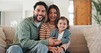 Happy, face and parents with child on sofa for healthy relationship, bonding and connection. Family, home and portrait of mom, dad and girl on couch for love, trust and security in living room