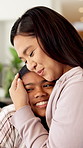 Love, mother and hug child in home for support, bonding and connection together with happy parent. Kid, mom and embrace girl at family house with smile for trust, security or safety with motherhood