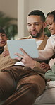 Relax, tablet and dad with children on sofa for online videos, educational games and bonding. Family, home and father with girls on tech for entertainment, website and streaming cartoon on weekend
