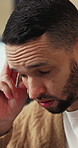 Mental health, overthinking or man in house with headache, anxiety trigger or memory of past trauma. Migraine, overwhelmed or person with depression, frustrated or stress with emotional thoughts.