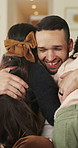 Support, father and children with hug in home for greeting, bonding together and smile for family time. Love, embrace and happy man with girls for affection, safety and connection for relationship