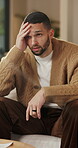 Mental health, overthinking or man on sofa with regret, anxiety trigger or memory of past trauma. Reflection, overwhelmed or person in house with stress, frustration or guilt with emotional thoughts.