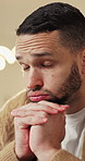 Mental health, overthinking or man in home with worry, anxiety trigger or memory of past trauma. Reflection, overwhelmed or person with depression, regret frustration or stress with emotional thought