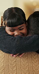 Smile, father and child with hug in home for bonding, connection and support for family time together. Safety, embrace and man with happy girl for affection, love and trust for healthy relationship