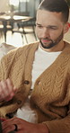 Thinking, reading and man with laptop for remote work, engagement research and community management. Home, freelance and marketer with computer for proposal planning, social media campaign and review