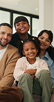 Face, children and home with happy family for bonding, holiday break or fun weekend together. Portrait, mom and dad with kids, smile or love for childhood support, safety and security in house