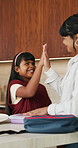 Education, child and high five with mom in kitchen, achievement or prepare healthy food with parent. Happy, girl and celebration with mother for meal, home and getting ready for school and bonding